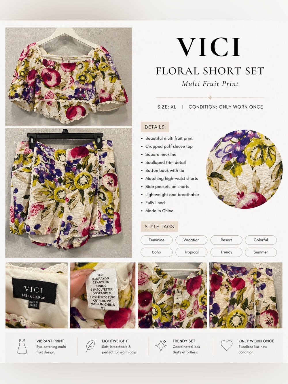VICI White Floral High-Waist Shorts Set with Pink, Purple & Green